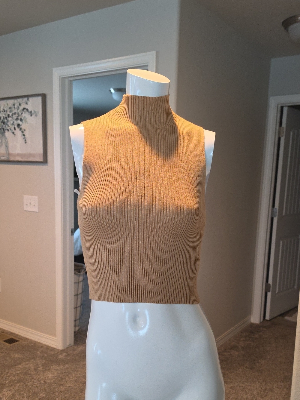 Ribbed Mock Neck Cropped Tank Top in Camel